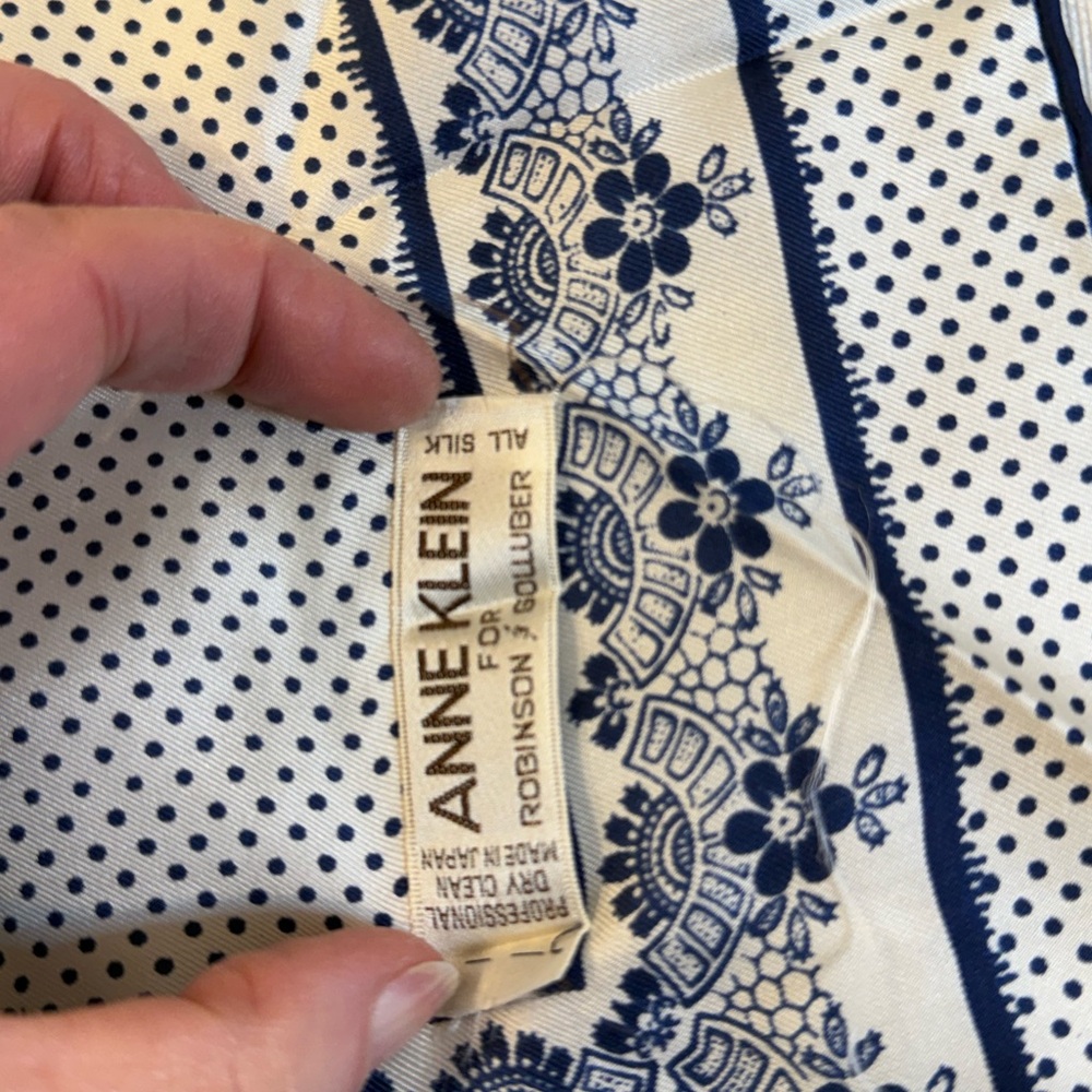 Vintage Anne Klein Silk Scarf Navy Blue Polka Dot Floral Lace Border 26" Square - Picture 10 of 14